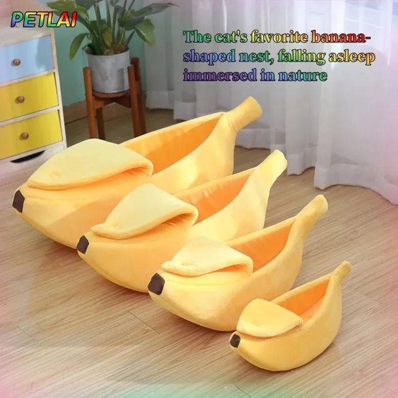 Cama banana para gatos, casita súper suave, adorable cama banana semicerrada y cálida para mascotas, accesorios para gatos, cama para perros, cojines banana con tapa