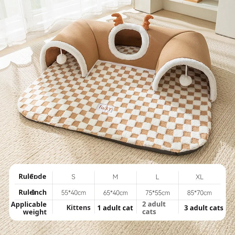 Cama de invierno para gatos, cálida y afelpada, con diseño de reno, túnel para jugar al escondite y dormir, casita integrada para mascotas.