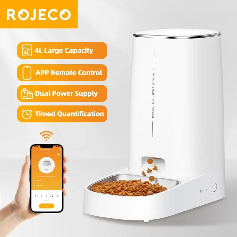 Comedero automático para gatos ROJECO, dispensador inteligente de croquetas con control remoto y botón WiFi. Compatible con gatos y perros.
