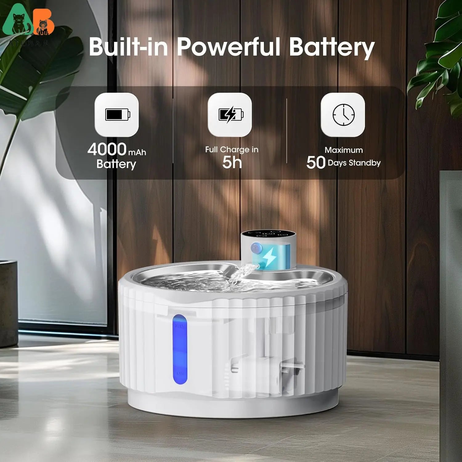 Bebedero inalámbrico para gatos ATUBAN, 2,8 L (95 oz), funciona con pilas, para mascotas, bebedero automático para perros, bomba silenciosa
