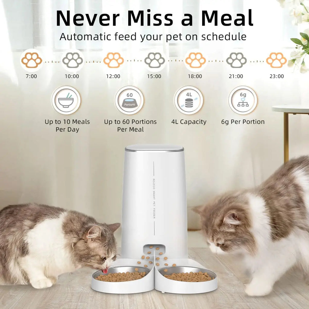 Comedero automático para gatos ROJECO, dispensador inteligente de croquetas con control remoto y botón WiFi. Compatible con gatos y perros.