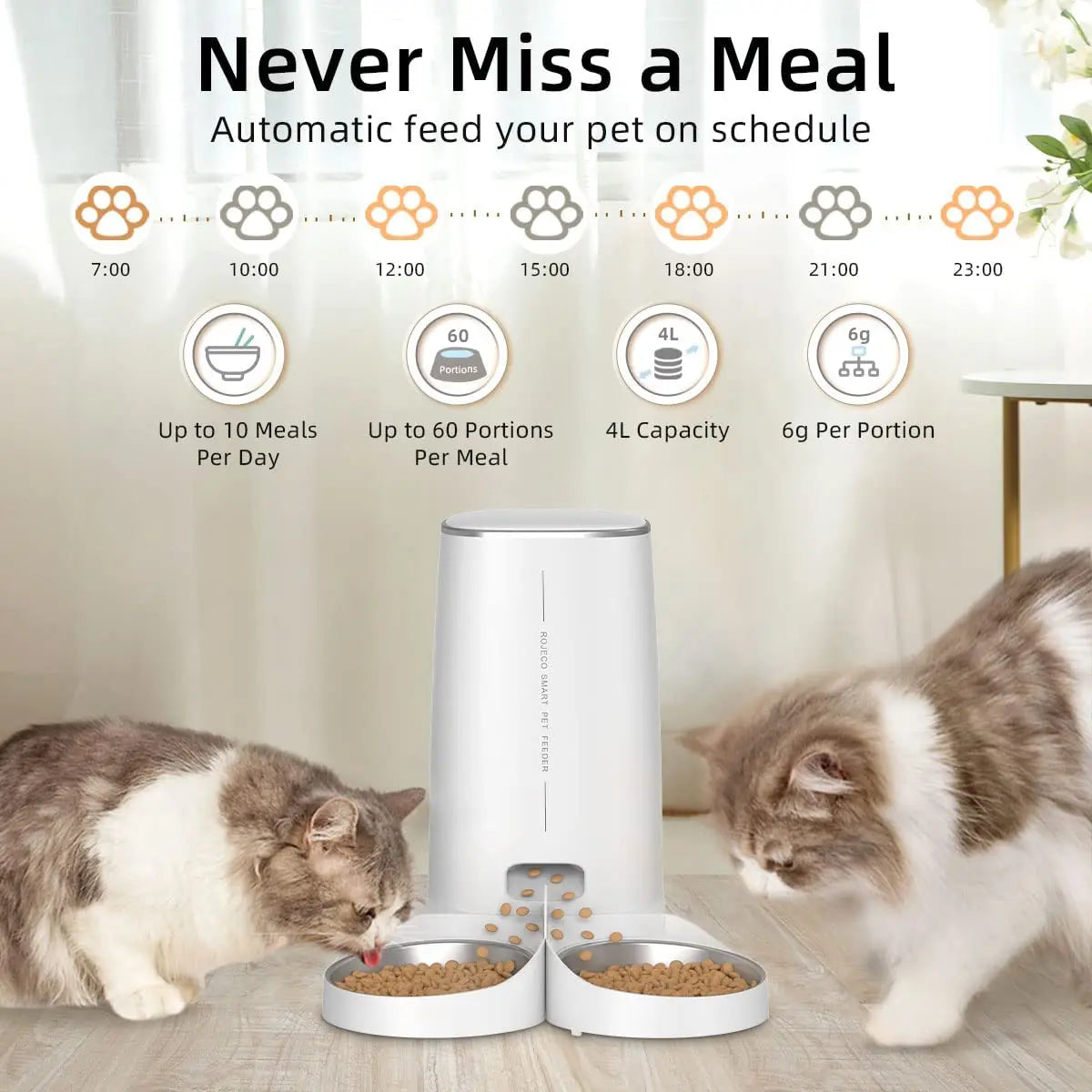Comedero automático para gatos ROJECO, dispensador inteligente de croquetas con control remoto y botón WiFi. Compatible con gatos y perros.