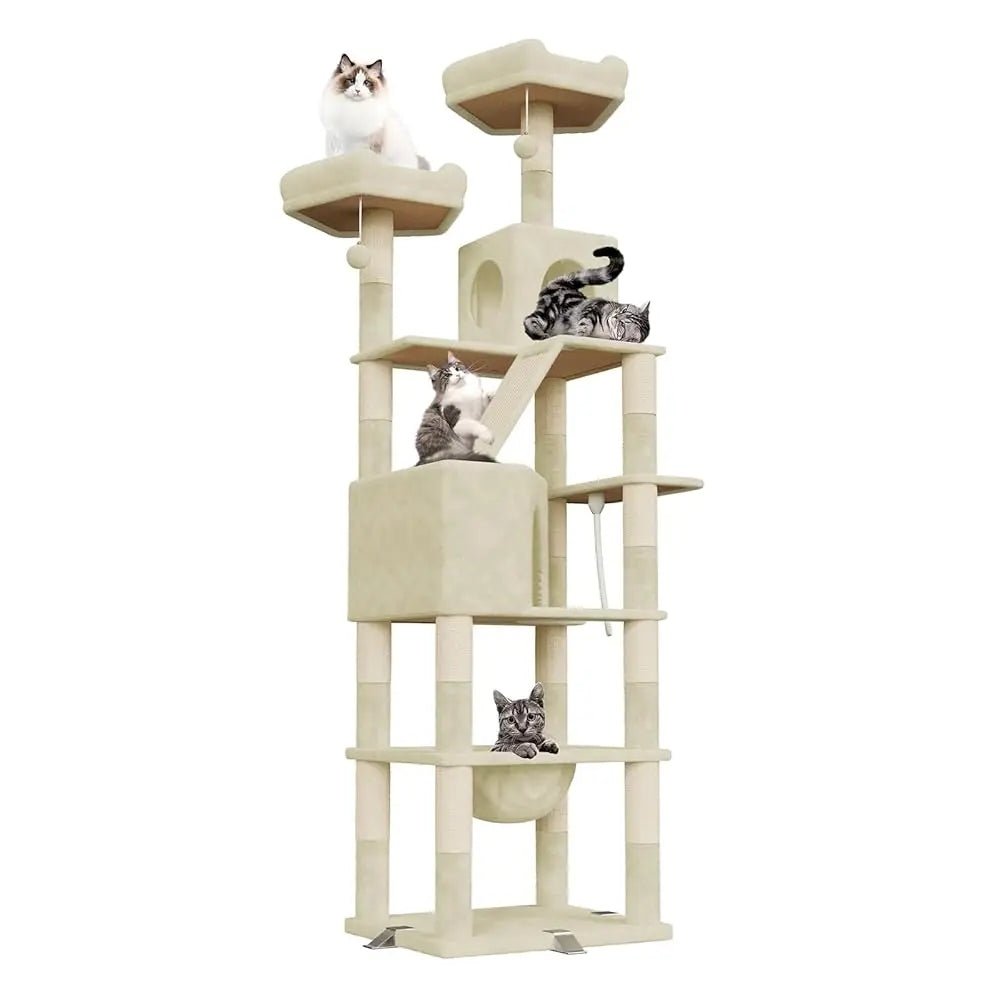 Árbol para gatos Oak & Tea XXL de 208 cm con rascador, hamaca y tabla rascadora. Seguro para gatos grandes.