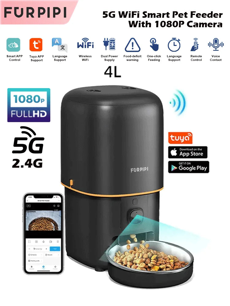 Dispensador automático de comida para gatos con cámara, control mediante la aplicación Tuya y conexión WiFi 2.4G/5G. Compatible con gatos y perros.