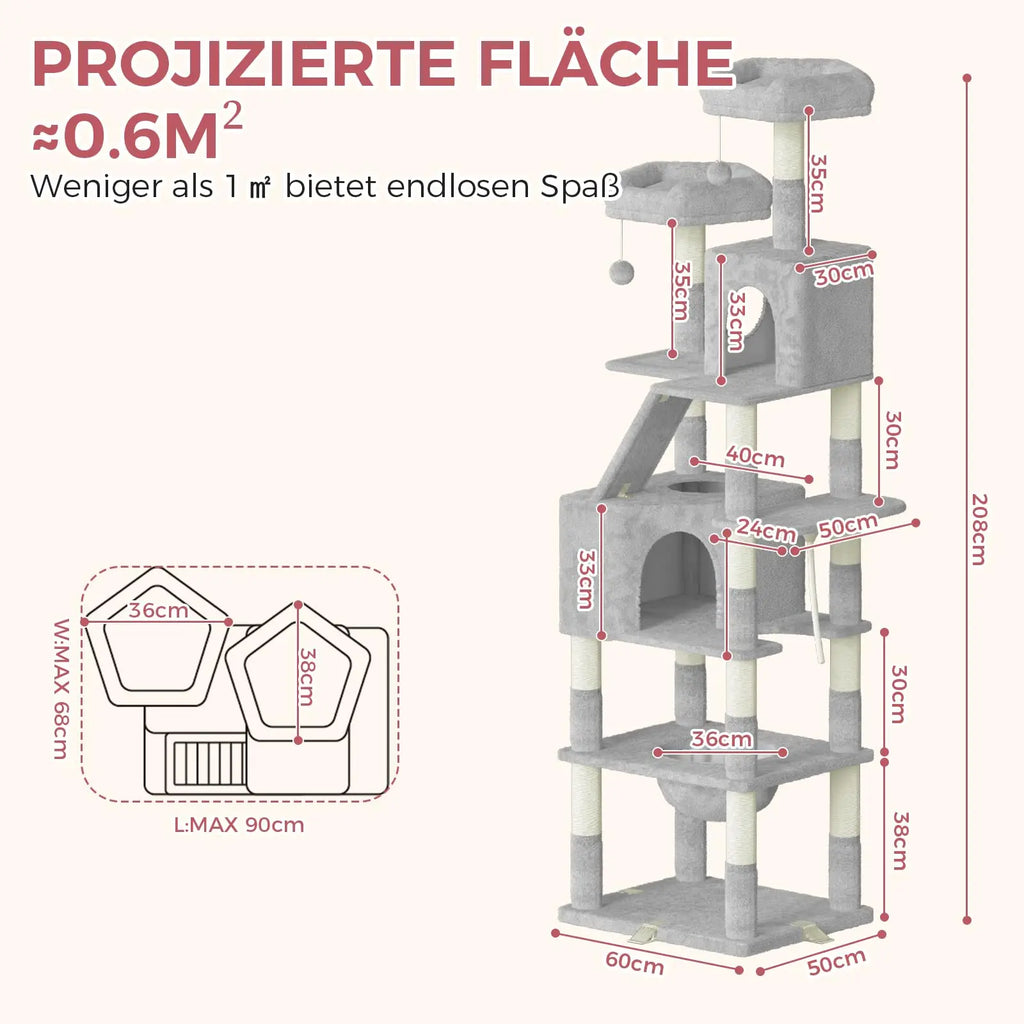Árbol para gatos Oak & Tea XXL de 208 cm con rascador, hamaca y tabla rascadora. Seguro para gatos grandes.