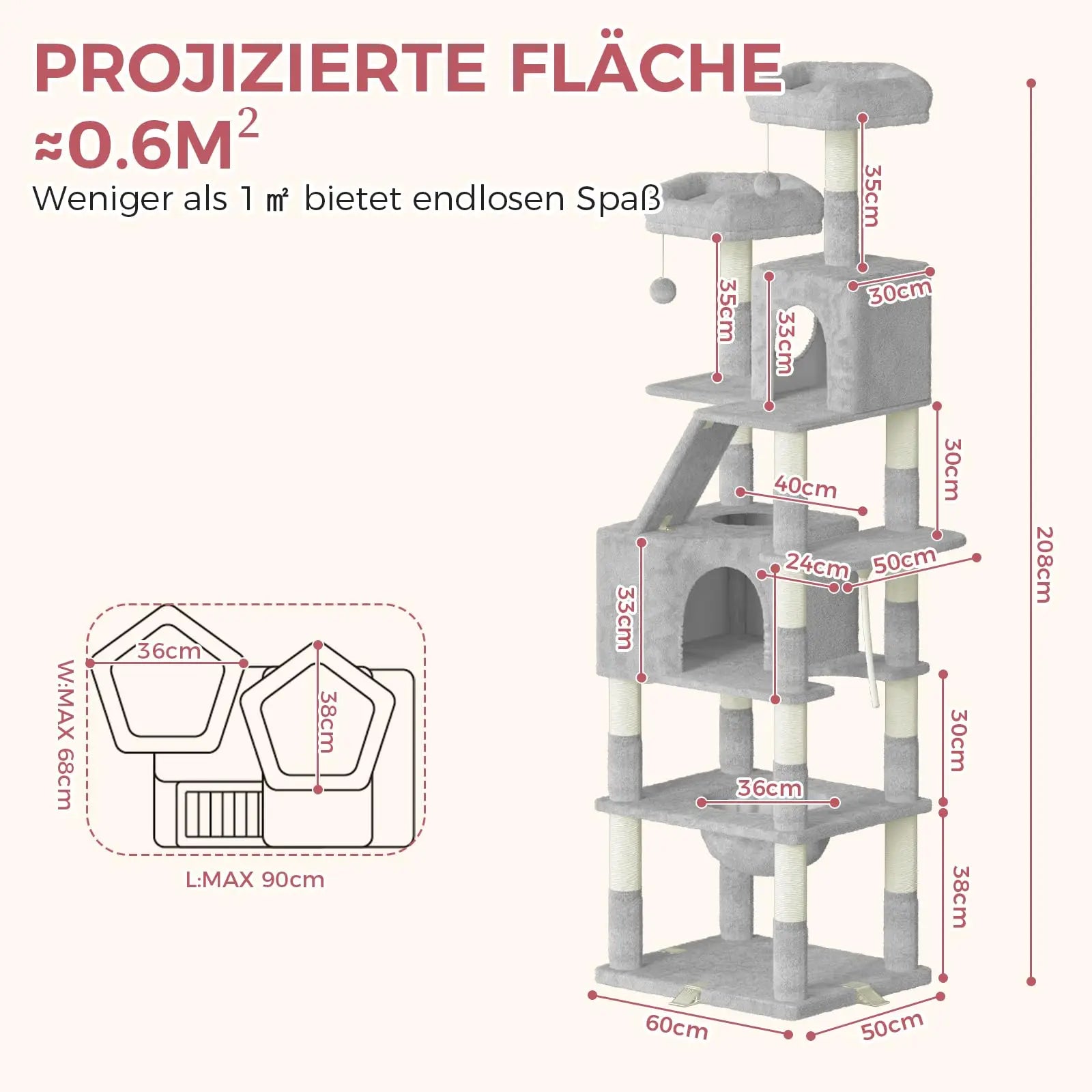 Árbol para gatos Oak & Tea XXL de 208 cm con rascador, hamaca y tabla rascadora. Seguro para gatos grandes.