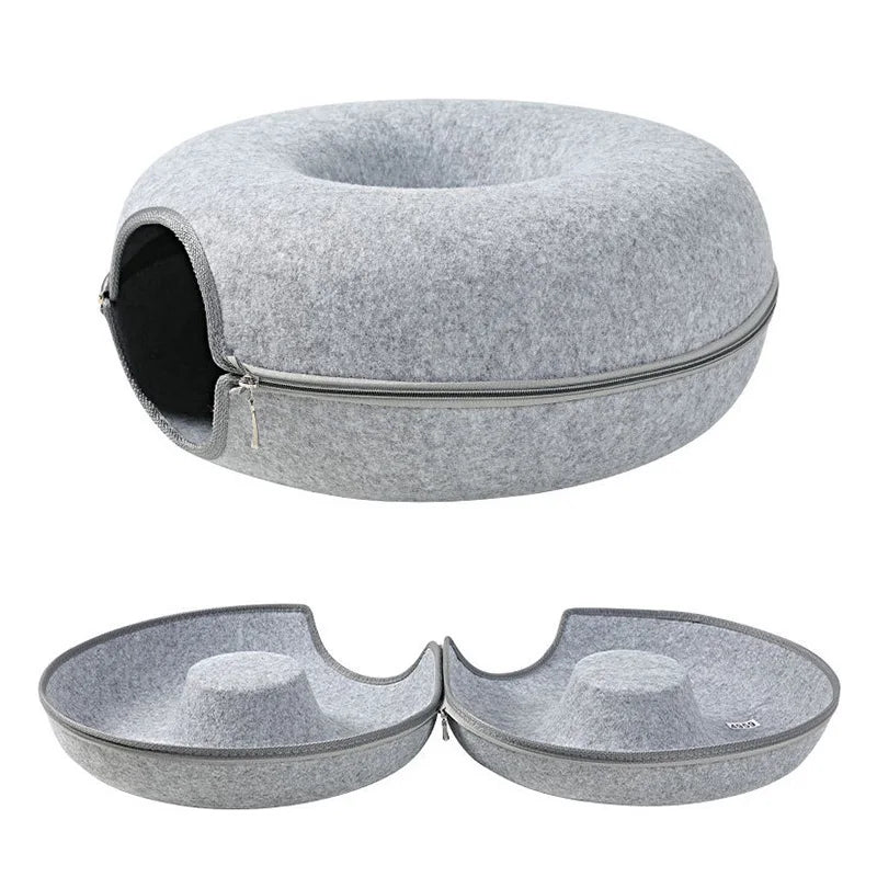 Cama para gatos con forma de donut para 2 gatos, túnel para gatos, juguetes interactivos para gatitos, nido tipo cueva de conejo de fieltro natural