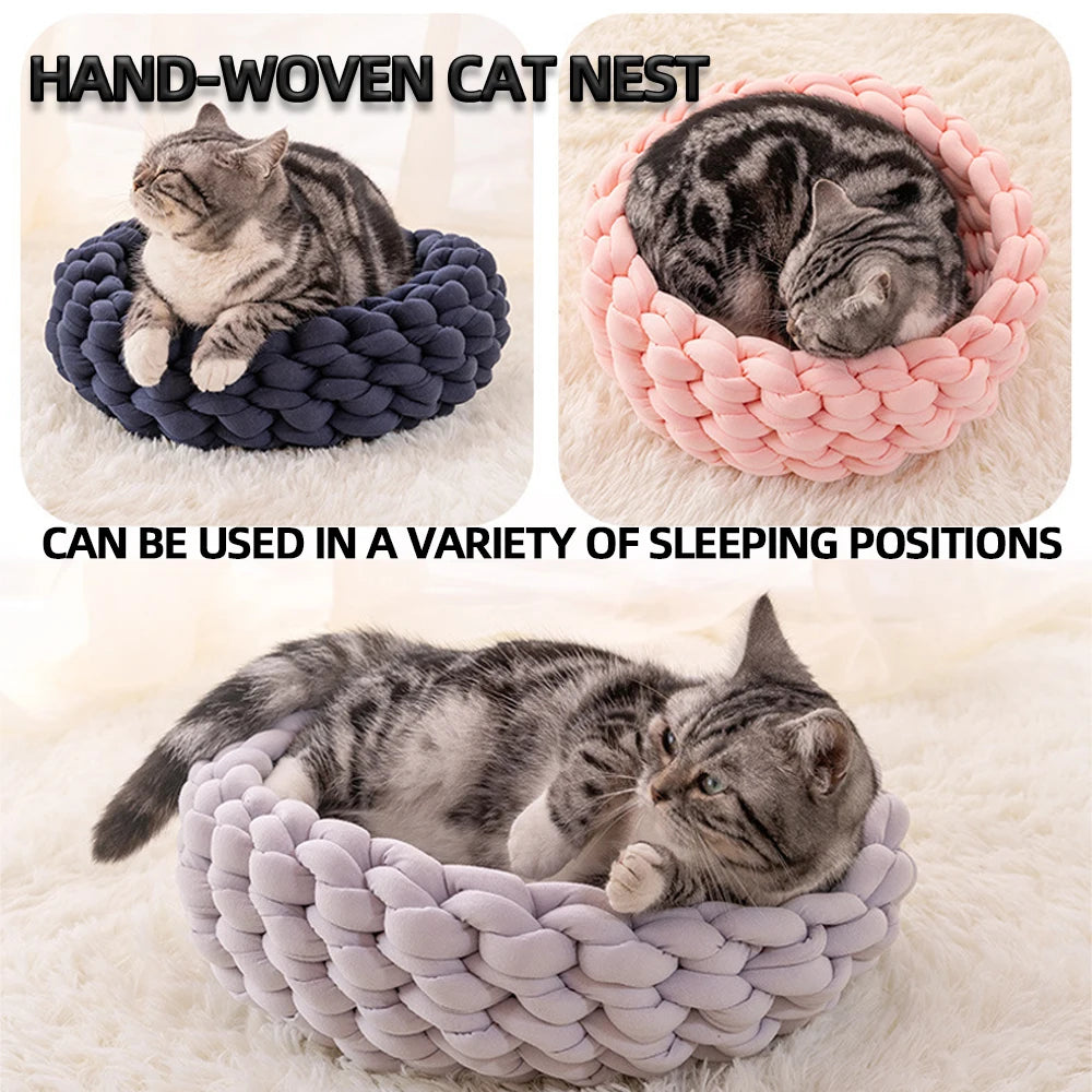Nido para mascotas Weave Pet Nest, caseta para perros de tejido grueso, diámetro de 30 a 60 cm, cálida, desmontable, lavable, redonda, para gatos, disponible en todas las estaciones.