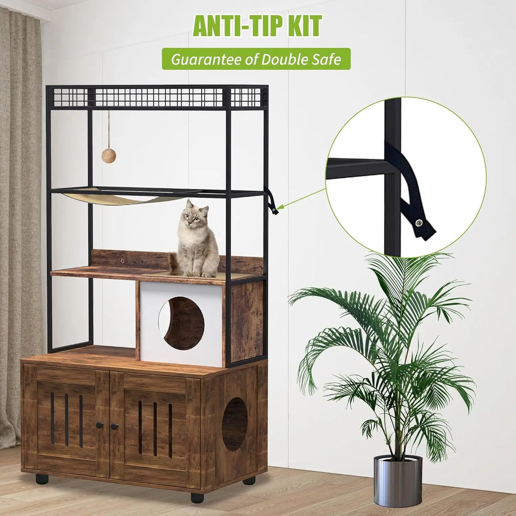 Mueble para gatos con arenero oculto, estructura metálica, armario tipo torre de madera, hamaca y rascador, recinto para arenero.