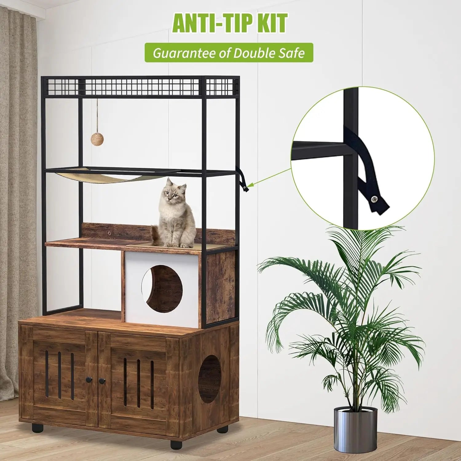 Mueble para gatos con arenero oculto, estructura metálica, armario tipo torre de madera, hamaca y rascador, recinto para arenero.