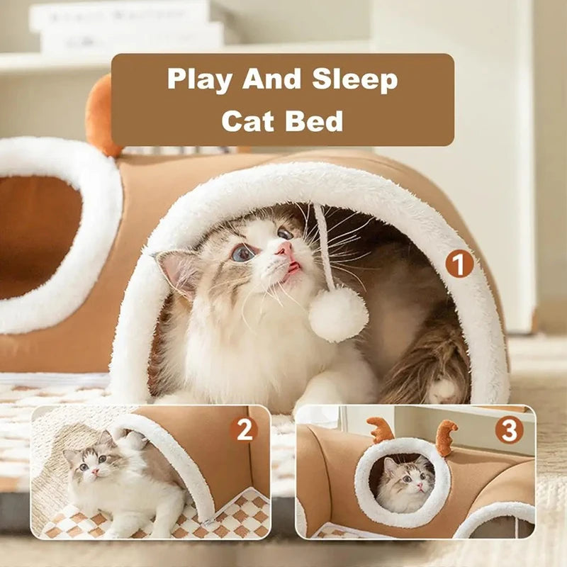 Cama de invierno para gatos, cálida y afelpada, con diseño de reno, túnel para jugar al escondite y dormir, casita integrada para mascotas.