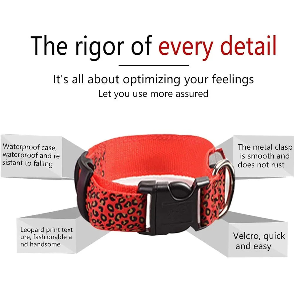 Collar luminoso LED ajustable para perros con diseño de leopardo. Collar de nailon para seguridad nocturna de mascotas con luz LED brillante.