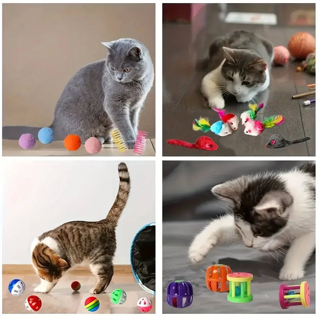Set de 22 juguetes variados para gatitos: incluye palo, ratón de sisal, cascabel y pelota.