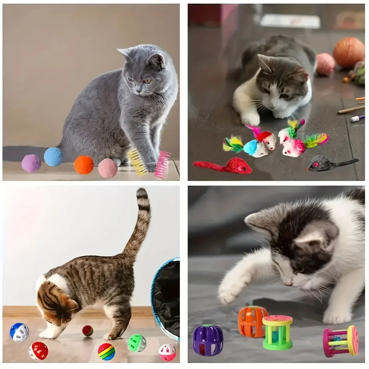 Set de 22 juguetes variados para gatitos: incluye palo, ratón de sisal, cascabel y pelota.