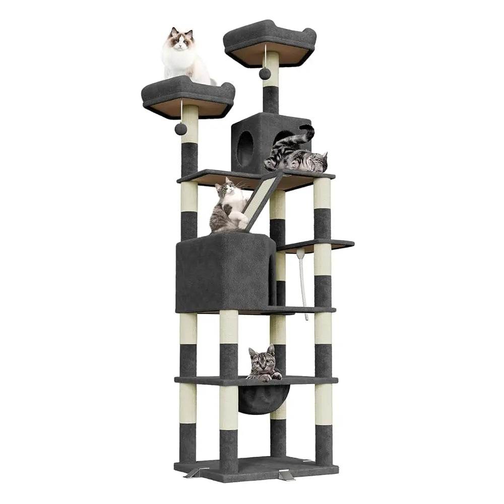 Árbol para gatos Oak & Tea XXL de 208 cm con rascador, hamaca y tabla rascadora. Seguro para gatos grandes.