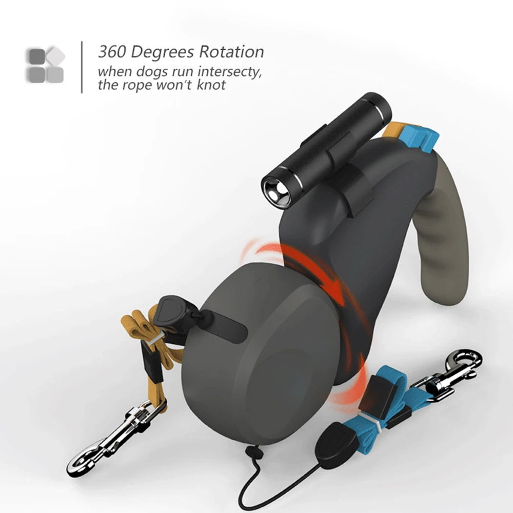 Correa de tracción retráctil para dos perros, ajustable, doble, con luz y rotacion