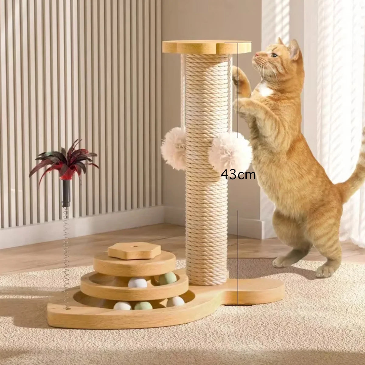 El rascador para gatos es resistente al desgaste y no suelta pelusa. La columna rascadora está hecha de cáñamo de sisal y se utilizan juguetes para gatos.