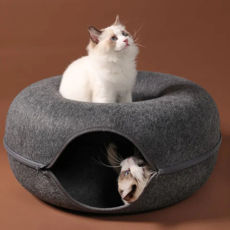 Cama para gatos con forma de donut para 2 gatos, túnel para gatos, juguetes interactivos para gatitos, nido tipo cueva de conejo de fieltro natural