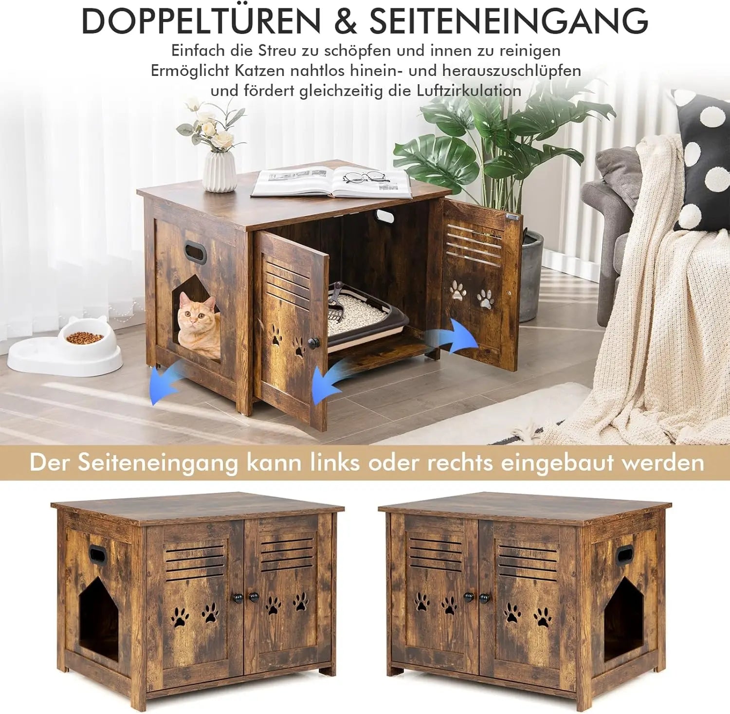 Mueble arenero para gatos, cueva para gatos con 2 puertas y entrada, casita arenero para gatos, caja para mascotas, transportín vintage marrón