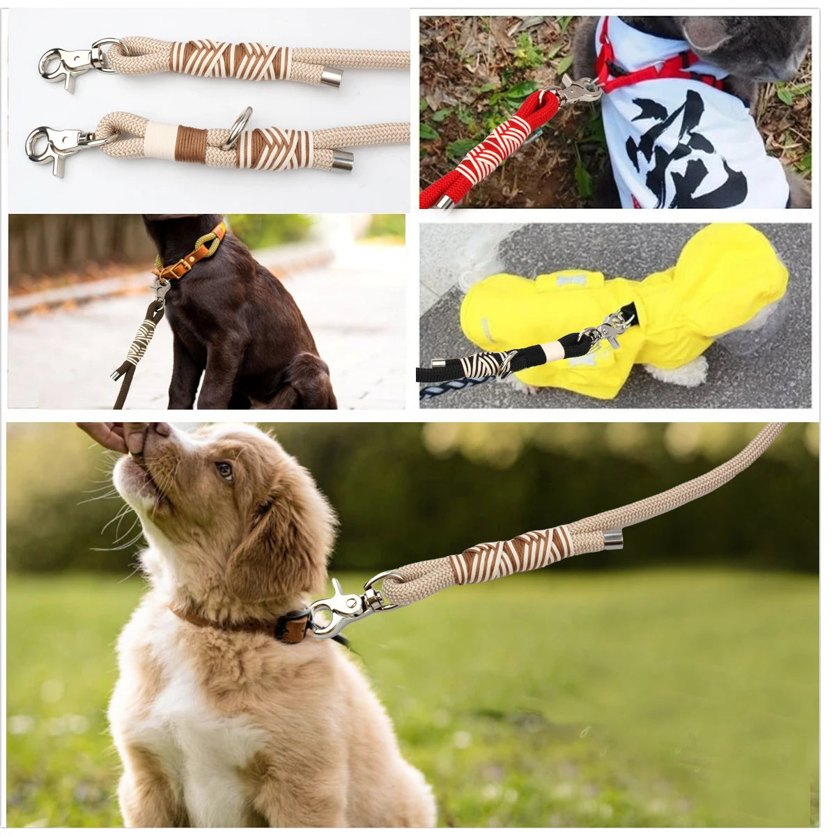 Correa trenzada de doble hebilla para perros, de color liso, multifuncional, tejida a mano, para paseos al aire libre con perros medianos y grandes.