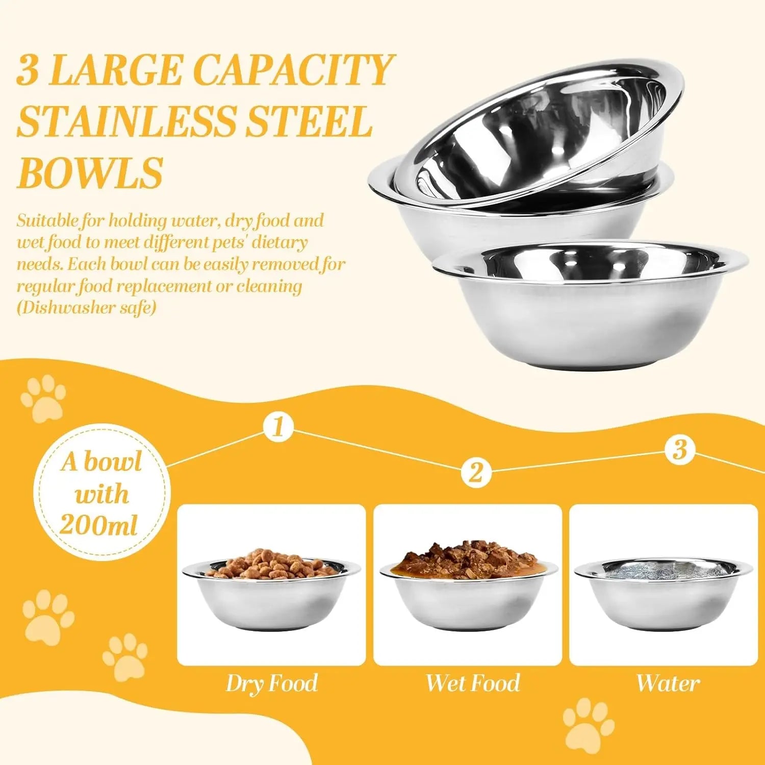 Comedero elevado para gatos, bebedero para gatos, juego de 3 comederos de acero inoxidable para gatos y perros pequeños.