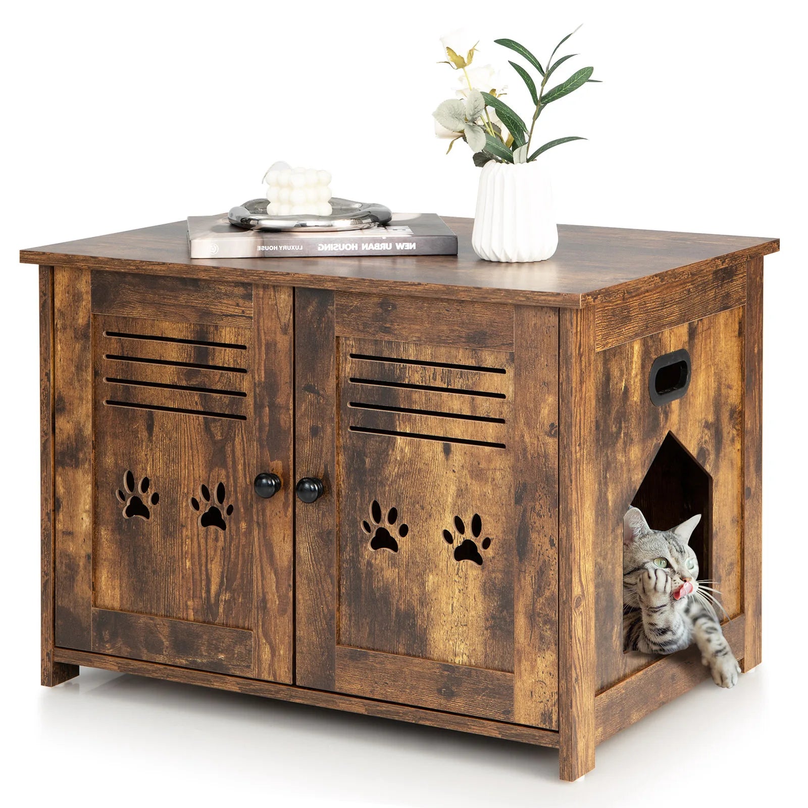 Mueble arenero para gatos, cueva para gatos con 2 puertas y entrada, casita arenero para gatos, caja para mascotas, transportín vintage marrón