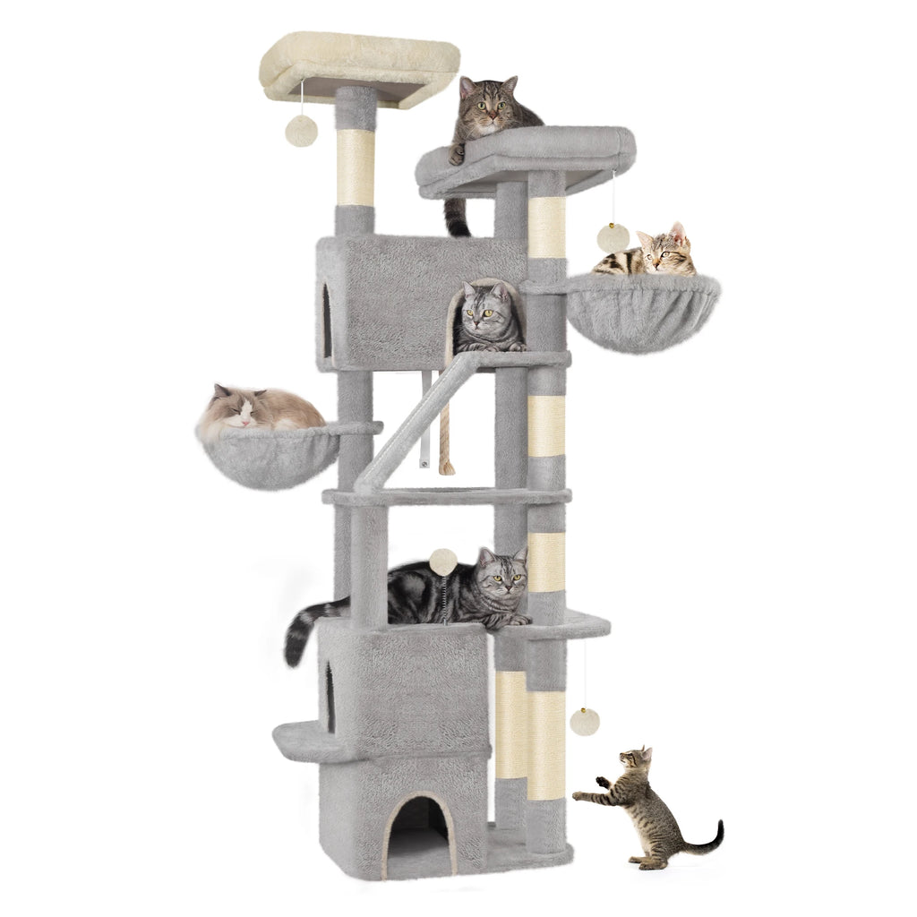 Árbol para gatos Hzuaneri de 185 cm, torre grande para gatos de interior, mueble para casa de gatos con 2 plataformas, 3 casitas y 6 postes rascadores.