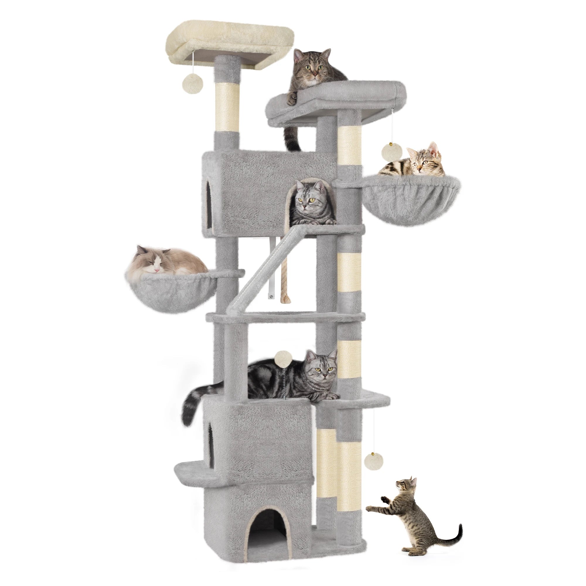 Árbol para gatos Hzuaneri de 185 cm, torre grande para gatos de interior, mueble para casa de gatos con 2 plataformas, 3 casitas y 6 postes rascadores.