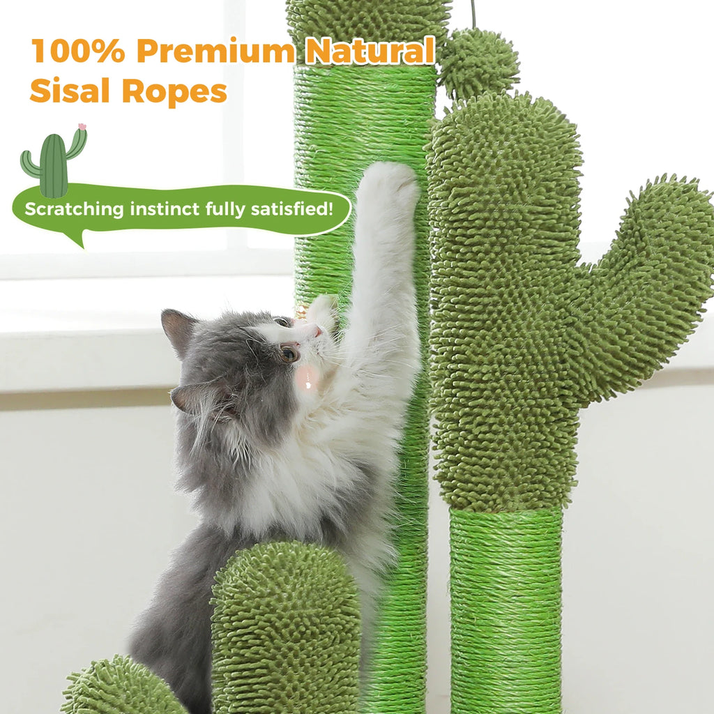 Cactus Cat Scratching Post for Indoor Cats Tall Cat Scratcher with 3 Sisal Scratching Poles Interactive Dangling Ball Cat Toys