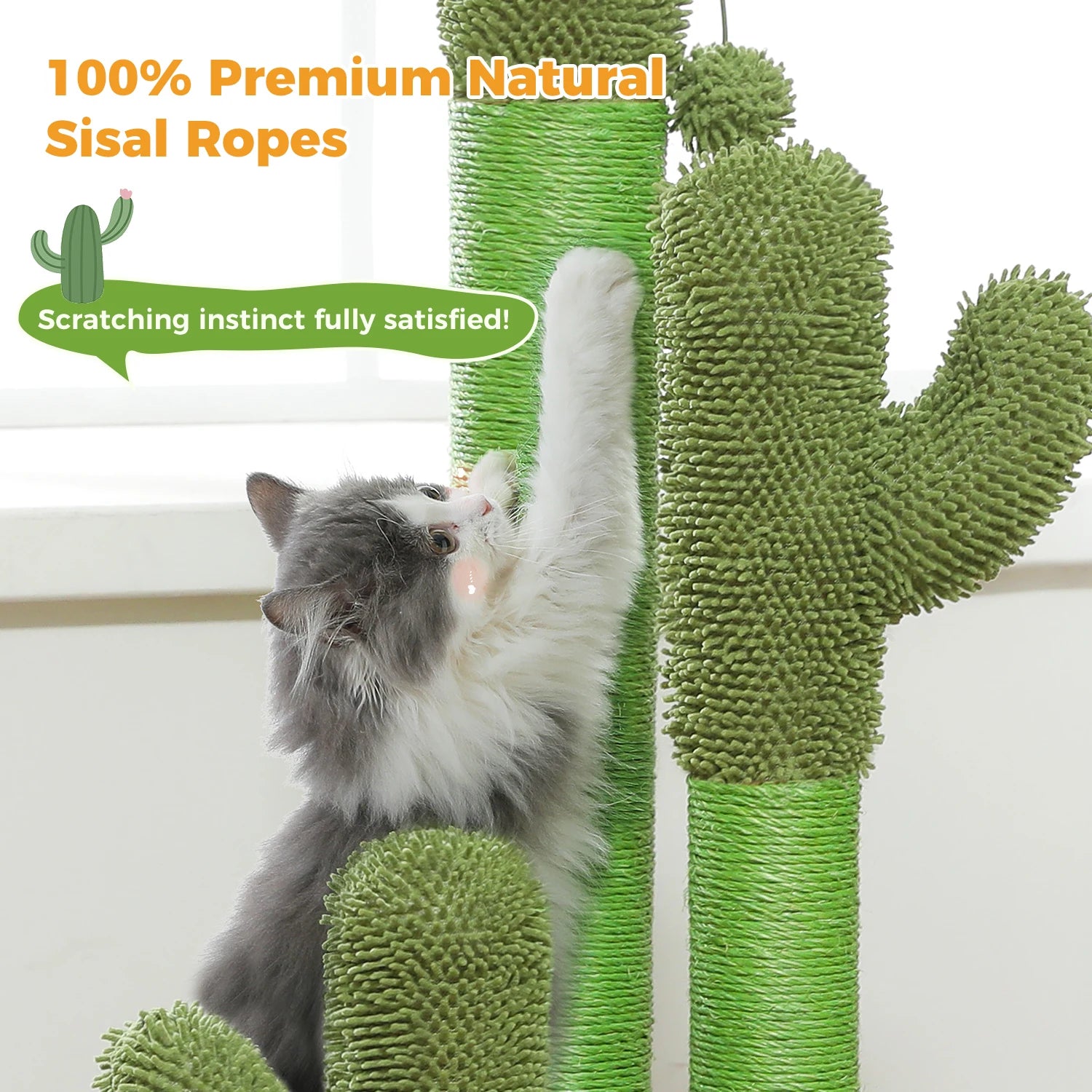 Cactus Cat Scratching Post for Indoor Cats Tall Cat Scratcher with 3 Sisal Scratching Poles Interactive Dangling Ball Cat Toys
