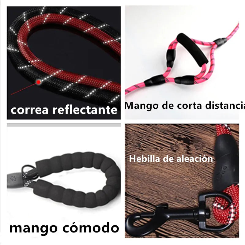 Correa reflectante para perros grandes de paseo, de nailon y con mango suave.