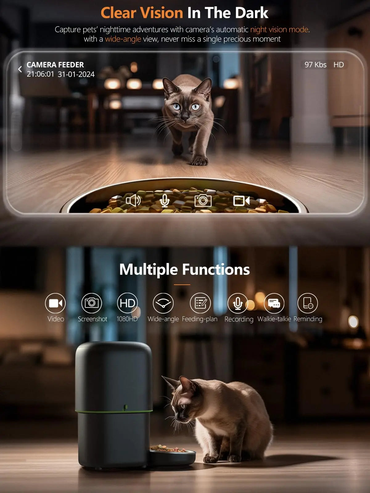 Dispensador automático de comida para gatos con cámara, control mediante la aplicación Tuya y conexión WiFi 2.4G/5G. Compatible con gatos y perros.