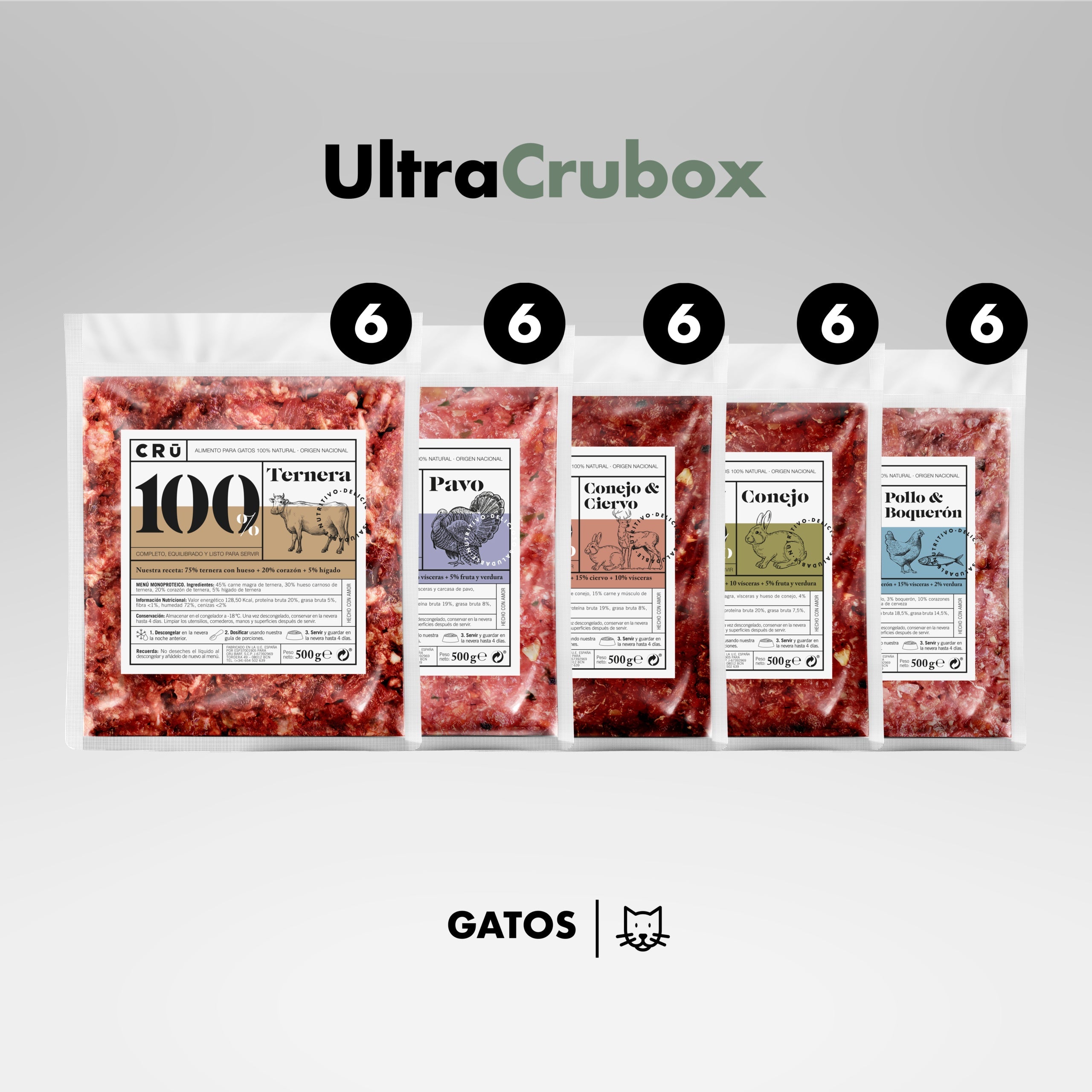 Ultra CRU Box Menú de Dieta BARF para Gato 30 paquetes 500 Gramos