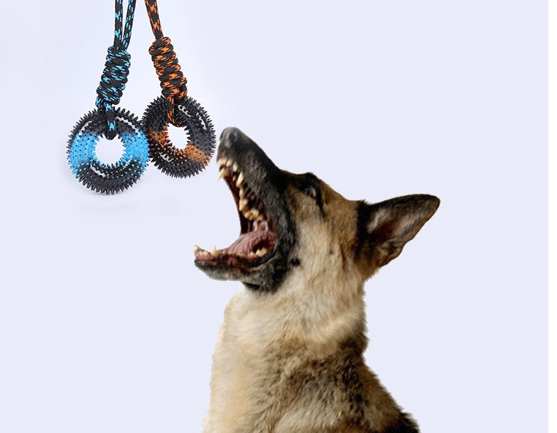 Juguete para Perro Mascota Anillo con Puas Flexibles y Cuerda de Nudo para Estirar con la Mano.