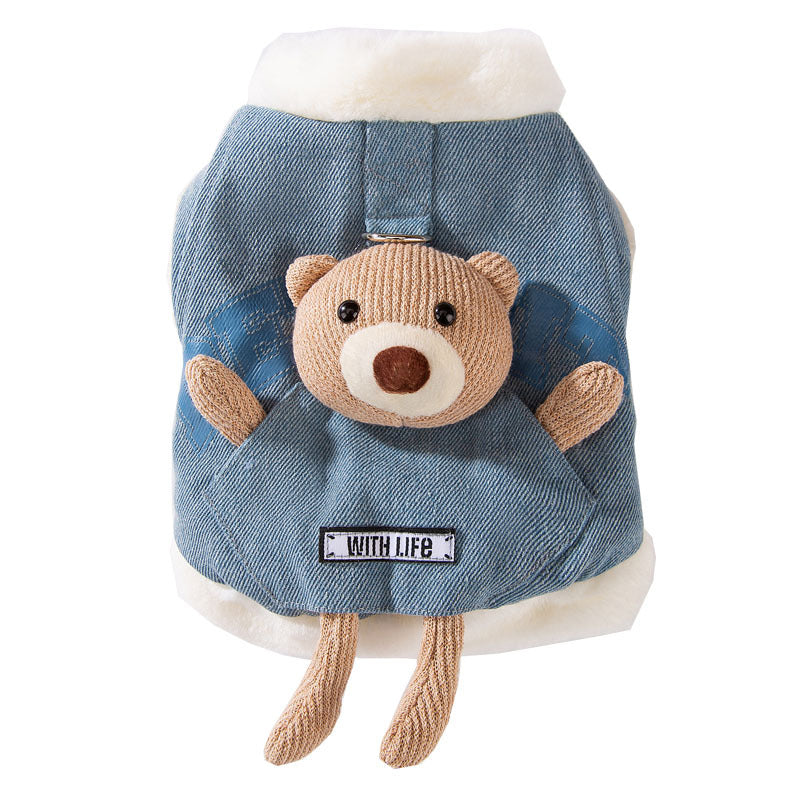 Chaqueta Denim para Perro Mascota Estilo Coreano para Otoño e Invierno con Osito Peluche