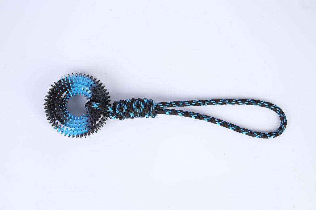 Juguete para Perro Mascota Anillo con Puas Flexibles y Cuerda de Nudo para Estirar con la Mano.
