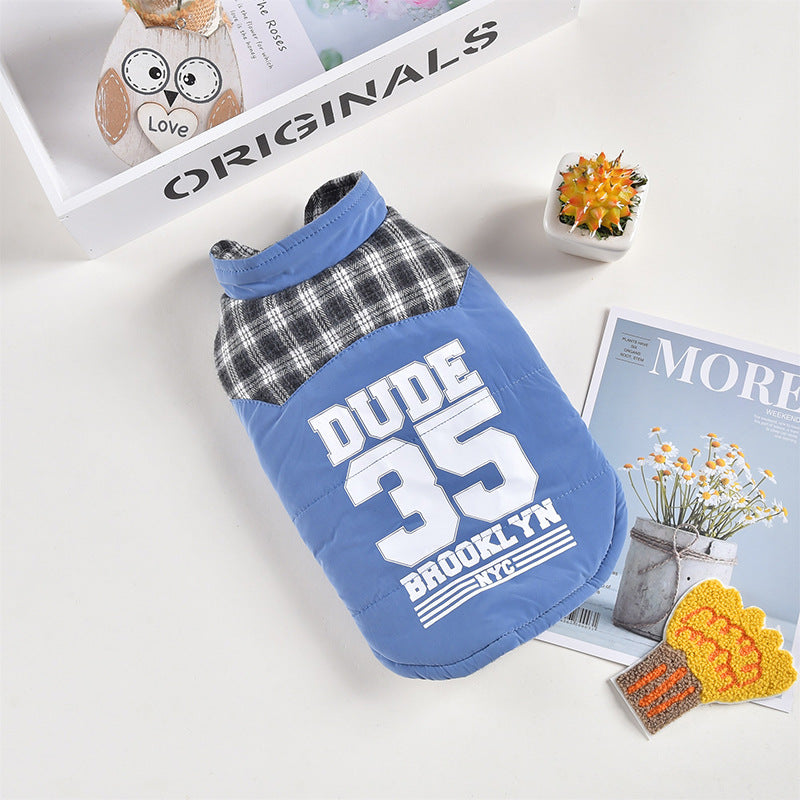 Chaqueta elegante de algodón para perro color azul vista espalda