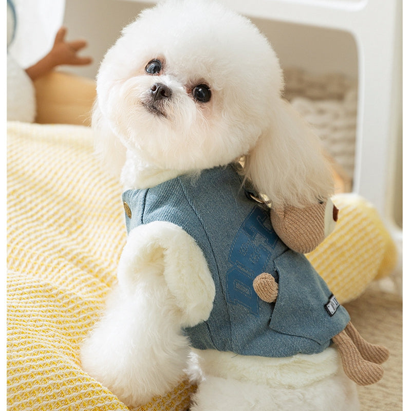 Chaqueta Denim para Perro Mascota Estilo Coreano para Otoño e Invierno con Osito Peluche