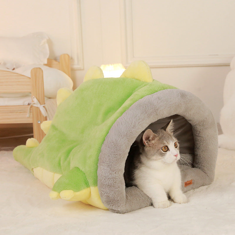 Cama Cálida Semicerrada para Gatos Diseño de Dinosaurio.