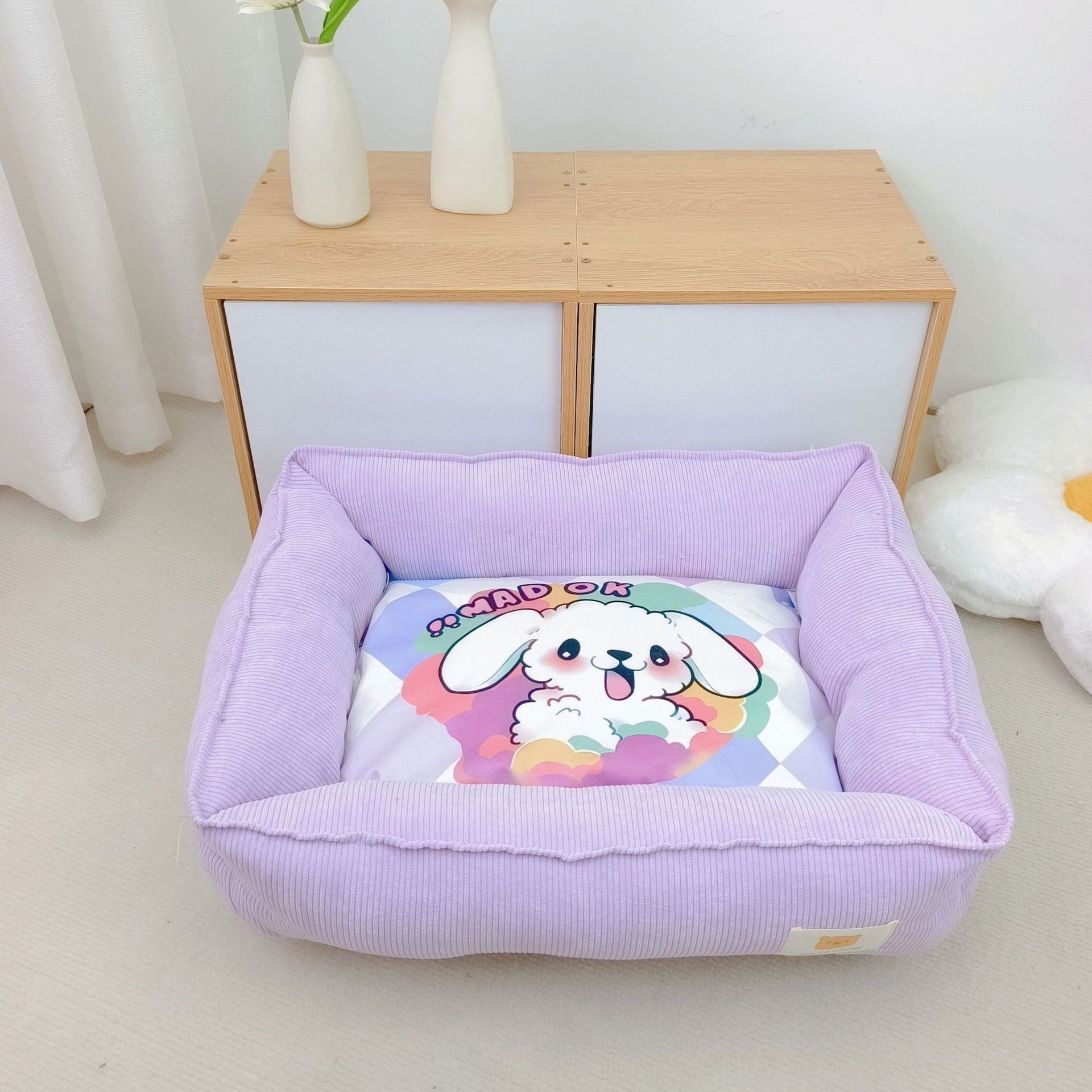 Cama nido de algodón para mascota en color lila y diseño perrito fantasia